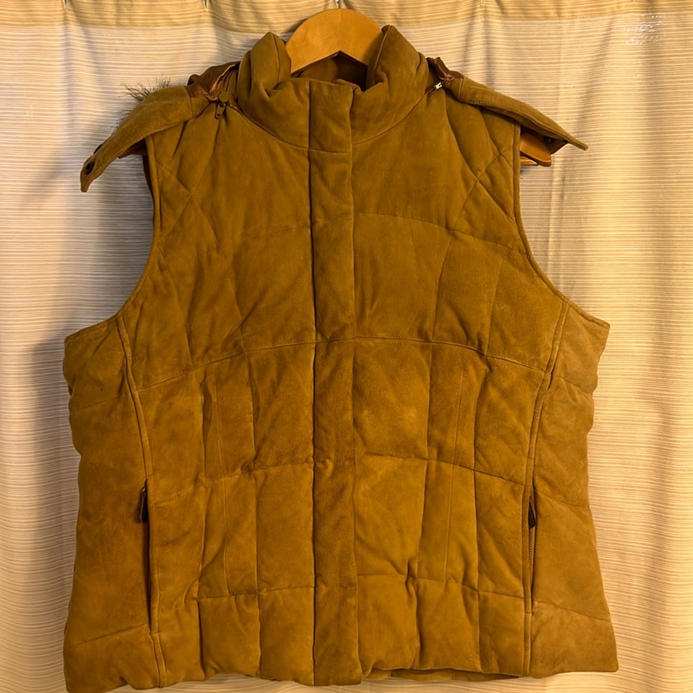 Eddie Bauer 100% leather down vest with removable hood
